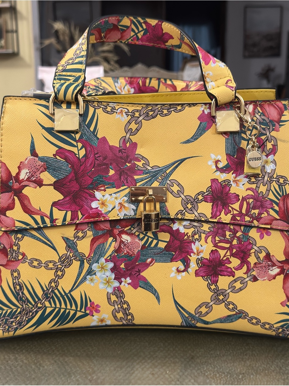 Guess Yellow Floral Satchel with Pink Accents